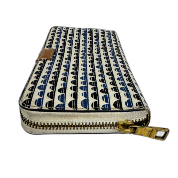 FOSSIL EMMA RFID Zip Around Continental Wallet Blue Tan Cream Geometric Pattern - Picture 6 of 11